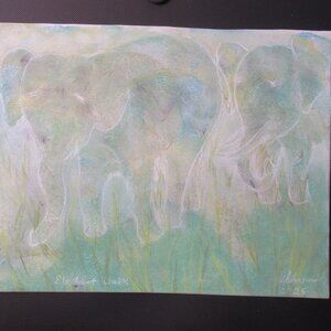 'Elephant Walk' Pastel Painting on Paper, Framed, Whimsical, Elephants